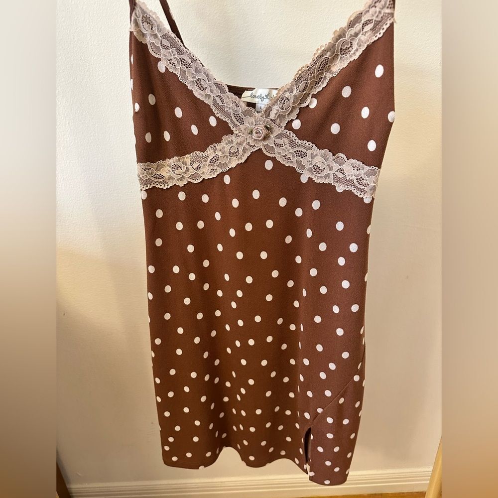 Lovely Day Brown Polka Dot Slip Dress with Lace Trim and Rosette in Size Large